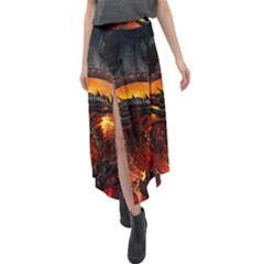 Dragon Fire Fantasy Art Velour Split Maxi Skirt by Maspions