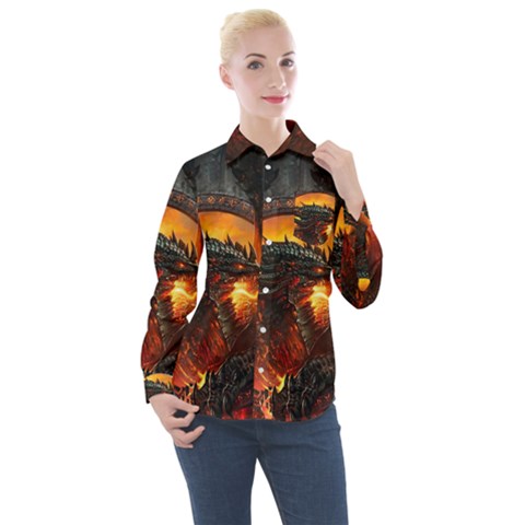 Dragon Fire Fantasy Art Women s Long Sleeve Pocket Shirt by Maspions