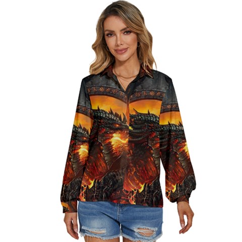 Dragon Fire Fantasy Art Women s Long Sleeve Button Up Shirt by Maspions