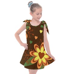 Floral Hearts Brown Green Retro Kids  Tie Up Tunic Dress by Hannah976