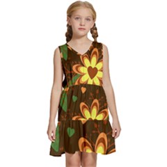 Floral Hearts Brown Green Retro Kids  Sleeveless Tiered Mini Dress by Hannah976