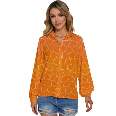 Orange Mosaic Structure Background Women s Long Sleeve Button Up Shirt by Hannah976