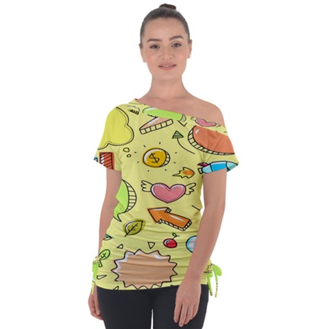 Cute Sketch Child Graphic Funny Off Shoulder Tie-up T-shirt by Hannah976