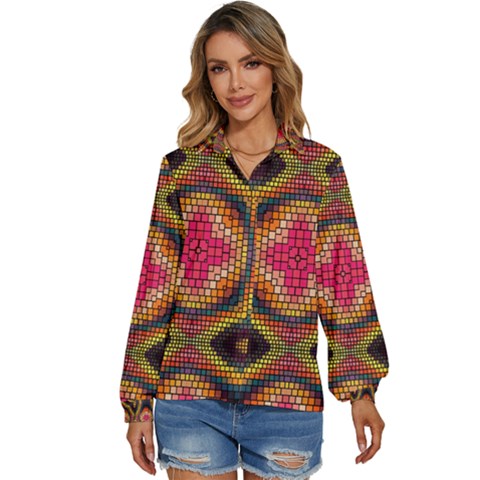 Kaleidoscope Art Pattern Ornament Women s Long Sleeve Button Up Shirt by Hannah976