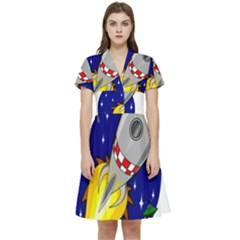 Rocket Ship Launch Vehicle Moon Short Sleeve Waist Detail Dress by Sarkoni