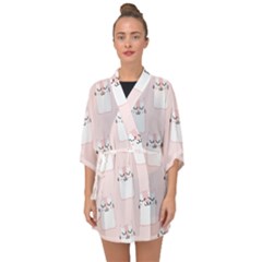 Pattern Pink Cute Sweet Fur Cats Half Sleeve Chiffon Kimono by Sarkoni