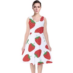 Seamless Pattern Fresh Strawberry V-neck Midi Sleeveless Dress  by Sarkoni