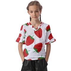 Seamless Pattern Fresh Strawberry Kids  V-neck Horn Sleeve Blouse by Sarkoni