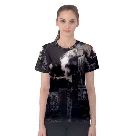 City Night Moon Skyline Skyscraper Women s Sport Mesh T-shirt by Grandong