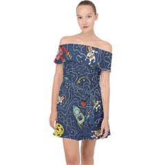 Cat Cosmos Cosmonaut Rocket Off Shoulder Chiffon Dress by Grandong