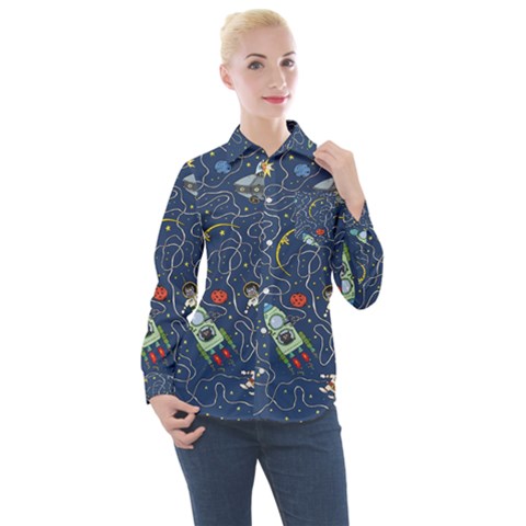 Cat Cosmos Cosmonaut Rocket Women s Long Sleeve Pocket Shirt by Grandong