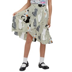 Cute Cat Seamless Pattern Kids  Ruffle Flared Wrap Midi Skirt by Apen