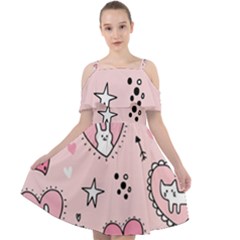 Cartoon Cute Valentines Day Doodle Heart Love Flower Seamless Pattern Vector Cut Out Shoulders Chiffon Dress by Apen