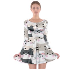 Cute Cat Couple Seamless Pattern Cartoon Long Sleeve Skater Dress by Bedest