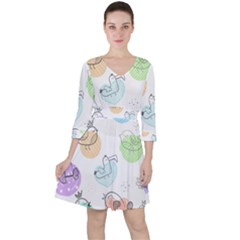 Cartoon Bird Cute Doodle Bird Quarter Sleeve Ruffle Waist Dress by Bedest