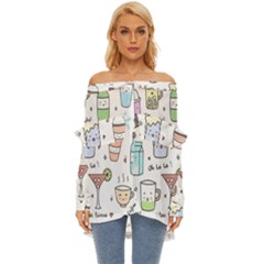 Drinks Cocktails Doodles Coffee Off Shoulder Chiffon Pocket Shirt by Apen