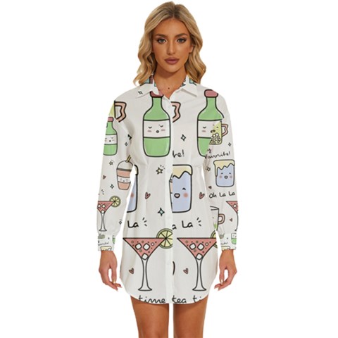 Drinks Cocktails Doodles Coffee Womens Long Sleeve Shirt Dress by Apen