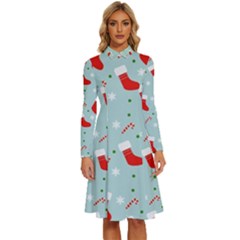 Christmas Pattern Long Sleeve Shirt Collar A-line Dress by Apen