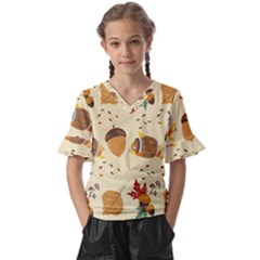 Leaves Foliage Acorns Barrel Kids  V-neck Horn Sleeve Blouse by Apen