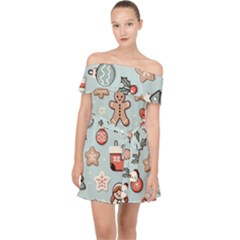 Christmas Cartoon Pattern Off Shoulder Chiffon Dress by Apen