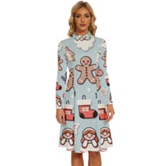 Christmas Cartoon Pattern Long Sleeve Shirt Collar A-line Dress by Apen