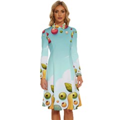 Fruits Sweet Papaya Orange Pattern Long Sleeve Shirt Collar A-line Dress by Ravend