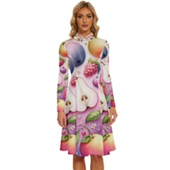 Fruits Apple Strawberry Raspberry Long Sleeve Shirt Collar A-line Dress by Ravend