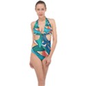 Leaves Tropical Exotic Green Plant Halter Front Plunge Swimsuit View1