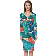 Leaves Tropical Exotic Green Plant Long Sleeve V-neck Bodycon Dress  by Ravend