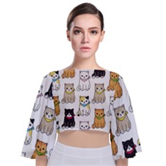 Cat Kitten Seamless Pattern Tie Back Butterfly Sleeve Chiffon Top by Grandong