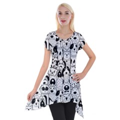 Seamless Pattern With Black White Doodle Dogs Short Sleeve Side Drop Tunic by Grandong