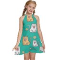 Seamless Pattern Cute Cat Cartoon With Hand Drawn Style Kids  Halter Collar Waist Tie Chiffon Dress View1