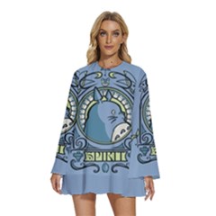 Drawing Illustration Anime Cartoon My Neighbor Totoro Round Neck Long Sleeve Bohemian Style Chiffon Mini Dress by Sarkoni