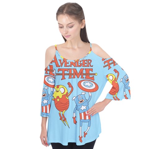 Adventure Time Avengers Age Of Ultron Flutter Sleeve T-shirt  by Sarkoni