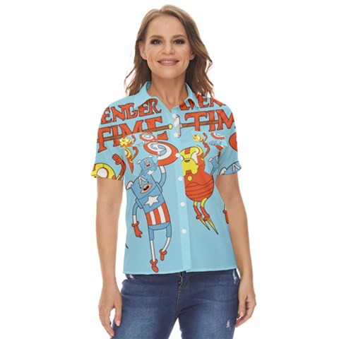 Adventure Time Avengers Age Of Ultron Women s Short Sleeve Double Pocket Shirt by Sarkoni