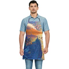 Digital Art Fantasy Impressionism Painting Ship Boat Psychedelic Peacock Mushroom Flamingos Hipwreck Kitchen Apron by Sarkoni