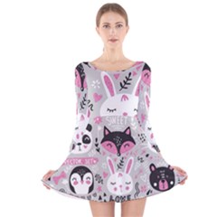 Big Set With Cute Cartoon Animals Bear Panda Bunny Penguin Cat Fox Long Sleeve Velvet Skater Dress by Bedest