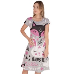 Big Set With Cute Cartoon Animals Bear Panda Bunny Penguin Cat Fox Classic Short Sleeve Dress by Bedest