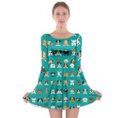 Different Type Vector Cartoon Dog Faces Long Sleeve Skater Dress by Bedest