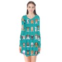 Different Type Vector Cartoon Dog Faces Long Sleeve V-neck Flare Dress View1