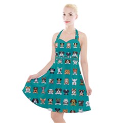 Different Type Vector Cartoon Dog Faces Halter Party Swing Dress  by Bedest