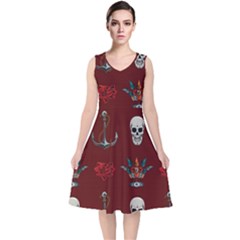 Tattoo Old School Background Pattern V-neck Midi Sleeveless Dress  by Bedest