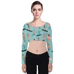 Beach Surfing Surfers With Surfboards Surfer Rides Wave Summer Outdoors Surfboards Seamless Pattern Velvet Long Sleeve Crop Top by Bedest