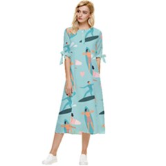 Beach Surfing Surfers With Surfboards Surfer Rides Wave Summer Outdoors Surfboards Seamless Pattern Bow Sleeve Chiffon Midi Dress by Bedest