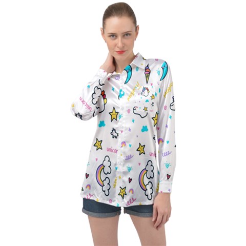 Unicorns Rainbows Seamless Pattern Long Sleeve Satin Shirt by Bedest