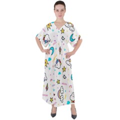 Unicorns Rainbows Seamless Pattern V-neck Boho Style Maxi Dress by Bedest