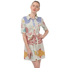 Underwater Seamless Pattern Light Background Funny Belted Shirt Dress by Bedest