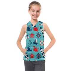 Seamless Pattern Nautical Icons Cartoon Style Kids  Sleeveless Hoodie by Hannah976