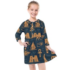 Dark Seamless Pattern Symbols Landmarks Signs Egypt Art Kids  Quarter Sleeve Shirt Dress by Hannah976