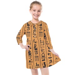 Egyptian Hieroglyphs Ancient Egypt Letters Papyrus Background Vector Old Egyptian Hieroglyph Writing Kids  Quarter Sleeve Shirt Dress by Hannah976